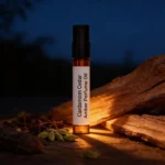 Cardamom Cedar Amber perfume oil bottle with dark amber tones, spicy cardamom warmth and elegant woody night atmosphere.