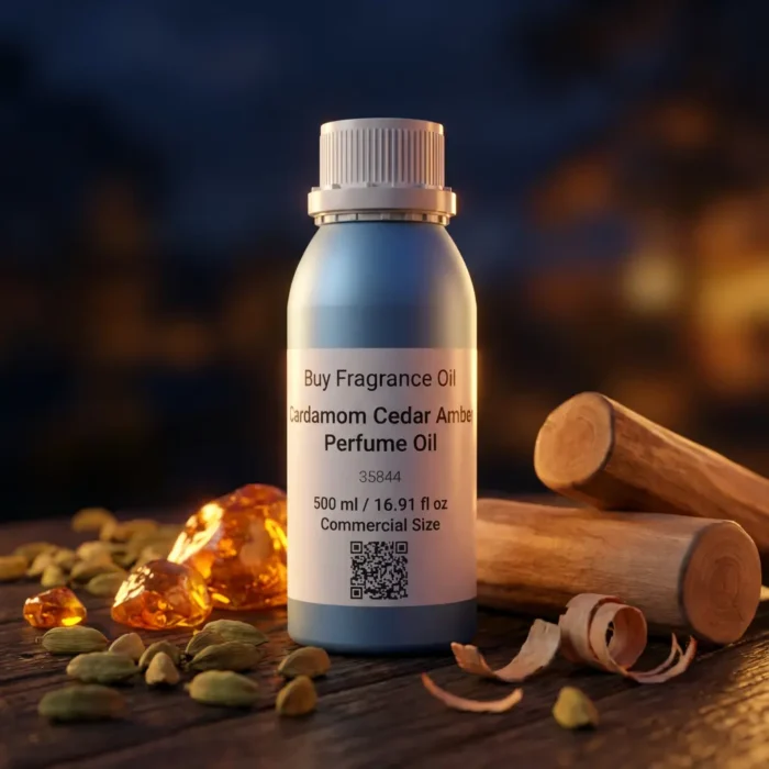 Cardamom Cedar Amber perfume oil bottle with dark amber tones, spicy cardamom warmth and elegant woody night atmosphere.