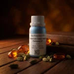 Cardamom Cedar Amber perfume oil bottle with dark amber tones, spicy cardamom warmth and elegant woody night atmosphere.