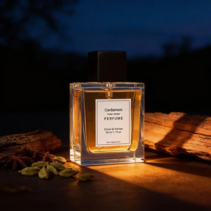 Cardamom Cedar Amber perfume oil bottle with dark amber tones, spicy cardamom warmth and elegant woody night atmosphere.