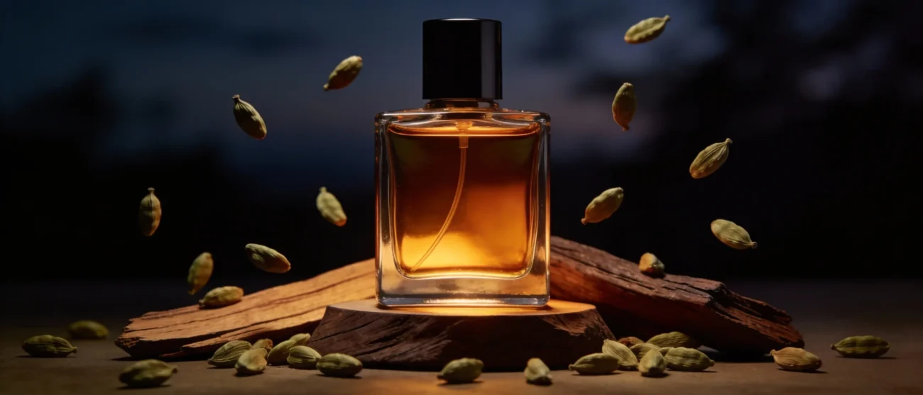 Cardamom Cedar Amber perfume oil bottle with dark amber tones, spicy cardamom warmth and elegant woody night atmosphere.