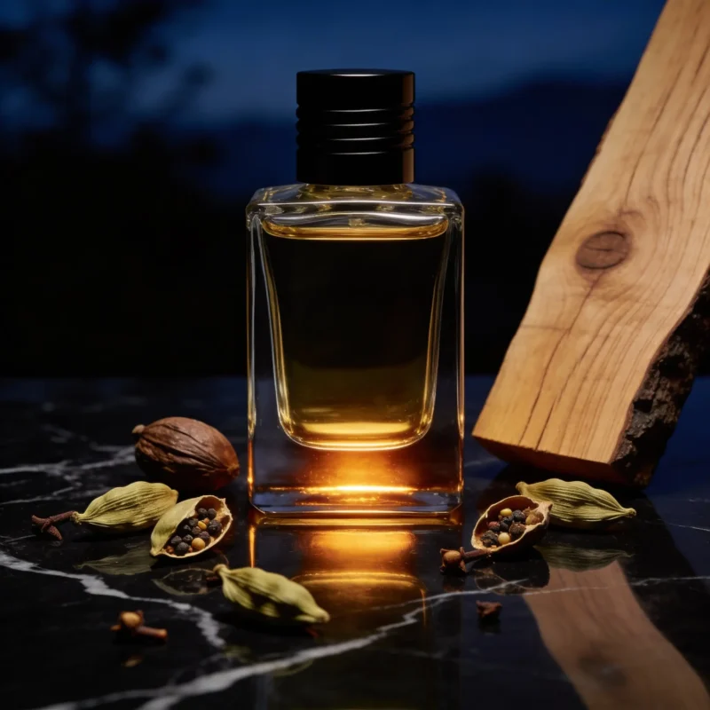 Cardamom Cedar Amber perfume oil bottle with dark amber tones, spicy cardamom warmth and elegant woody night atmosphere.
