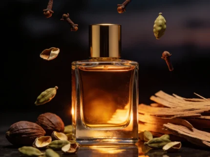 Cardamom Cedar Amber perfume oil bottle with dark amber tones, spicy cardamom warmth and elegant woody night atmosphere.
