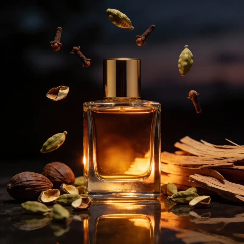 Cardamom Cedar Amber perfume oil bottle with dark amber tones, spicy cardamom warmth and elegant woody night atmosphere.