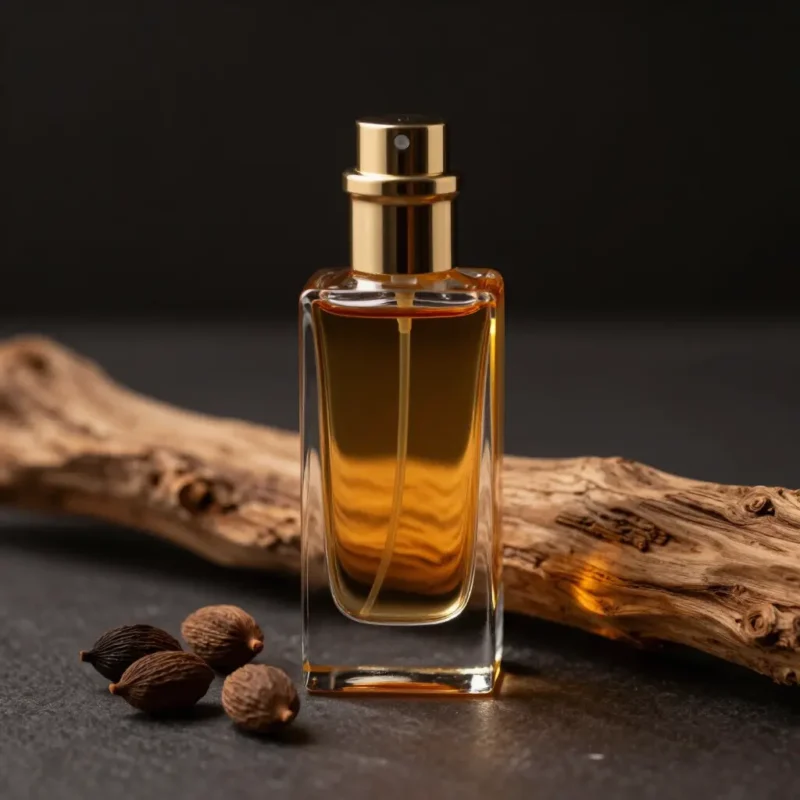 Cardamom Cedar Amber perfume oil bottle with dark amber tones, spicy cardamom warmth and elegant woody night atmosphere.