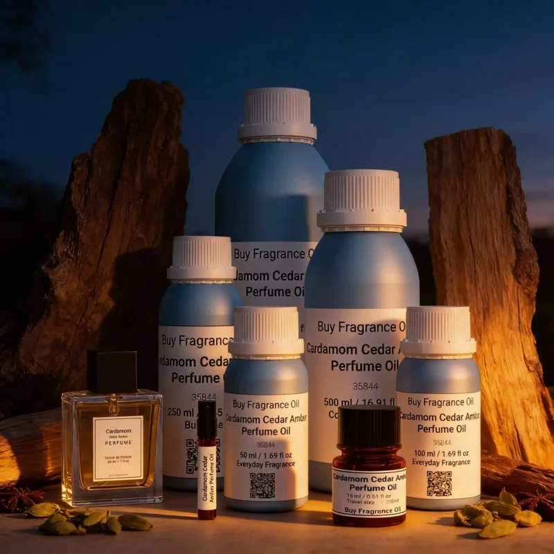 Cardamom Cedar Amber perfume oil bottle with dark amber tones, spicy cardamom warmth and elegant woody night atmosphere.