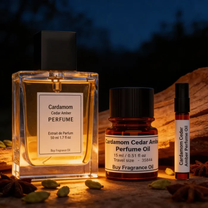 Cardamom Cedar Amber perfume oil bottle with dark amber tones, spicy cardamom warmth and elegant woody night atmosphere.