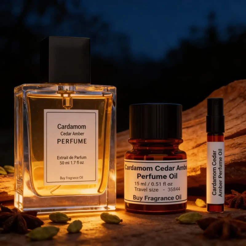 Cardamom Cedar Amber perfume oil bottle with dark amber tones, spicy cardamom warmth and elegant woody night atmosphere.