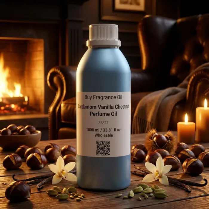 Cardamom Vanilla Chestnut perfume oil bottle with warm amber tones, roasted chestnut sweetness and spicy masculine evening atmosphere.