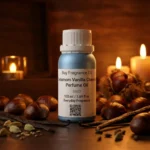 Cardamom Vanilla Chestnut perfume oil bottle with warm amber tones, roasted chestnut sweetness and spicy masculine evening atmosphere.