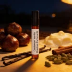 Cardamom Vanilla Chestnut perfume oil bottle with warm amber tones, roasted chestnut sweetness and spicy masculine evening atmosphere.