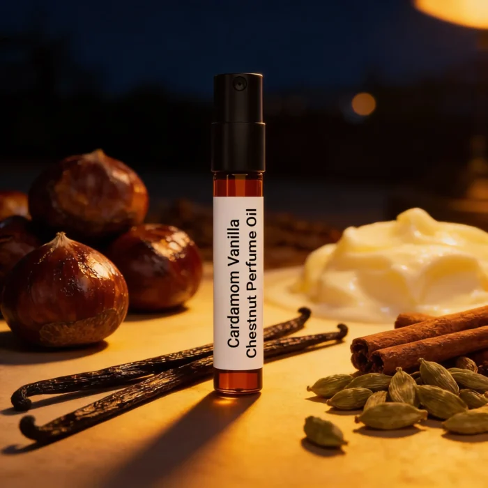 Cardamom Vanilla Chestnut perfume oil bottle with warm amber tones, roasted chestnut sweetness and spicy masculine evening atmosphere.