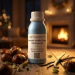 Cardamom Vanilla Chestnut perfume oil bottle with warm amber tones, roasted chestnut sweetness and spicy masculine evening atmosphere.