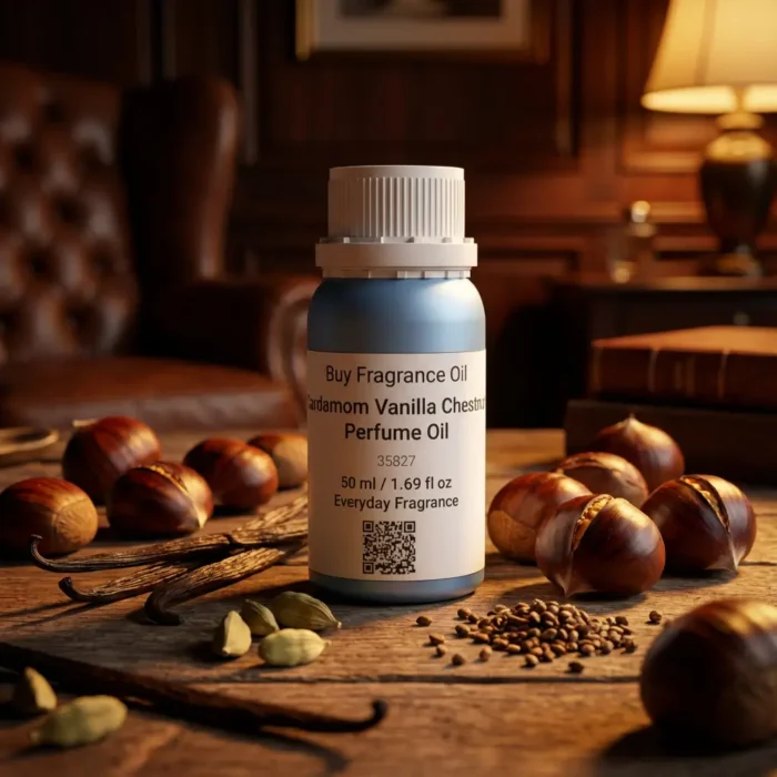 Cardamom Vanilla Chestnut perfume oil bottle with warm amber tones, roasted chestnut sweetness and spicy masculine evening atmosphere.