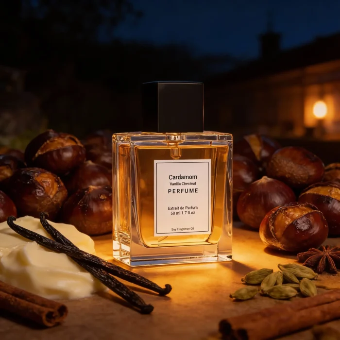 Cardamom Vanilla Chestnut perfume oil bottle with warm amber tones, roasted chestnut sweetness and spicy masculine evening atmosphere.