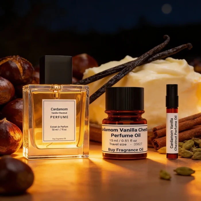Cardamom Vanilla Chestnut perfume oil bottle with warm amber tones, roasted chestnut sweetness and spicy masculine evening atmosphere.
