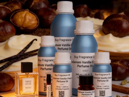 Cardamom Vanilla Chestnut perfume oil bottle with warm amber tones, roasted chestnut sweetness and spicy masculine evening atmosphere.