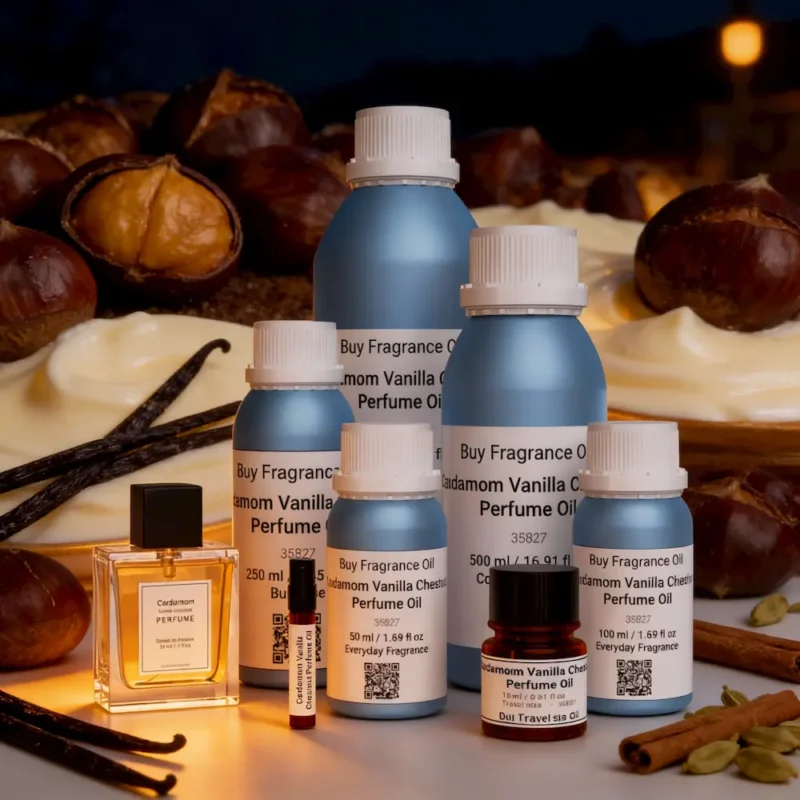 Cardamom Vanilla Chestnut perfume oil bottle with warm amber tones, roasted chestnut sweetness and spicy masculine evening atmosphere.