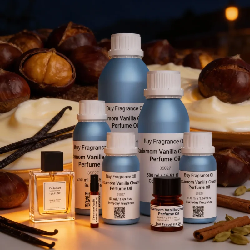 Cardamom Vanilla Chestnut perfume oil bottle with warm amber tones, roasted chestnut sweetness and spicy masculine evening atmosphere.