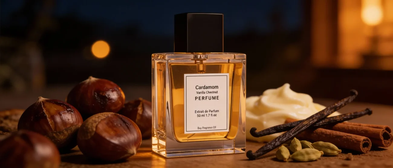 Cardamom Vanilla Chestnut perfume oil bottle with warm amber tones, roasted chestnut sweetness and spicy masculine evening atmosphere.