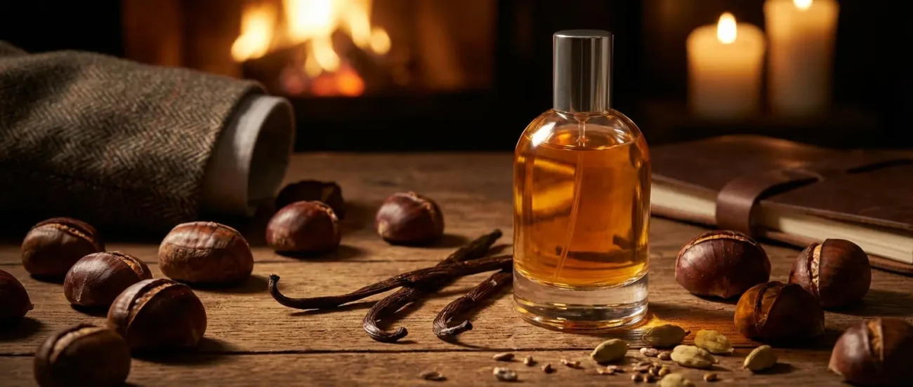 Cardamom Vanilla Chestnut perfume oil bottle with warm amber tones, roasted chestnut sweetness and spicy masculine evening atmosphere.