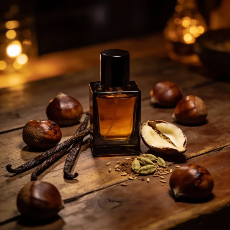 Cardamom Vanilla Chestnut perfume oil bottle with warm amber tones, roasted chestnut sweetness and spicy masculine evening atmosphere.