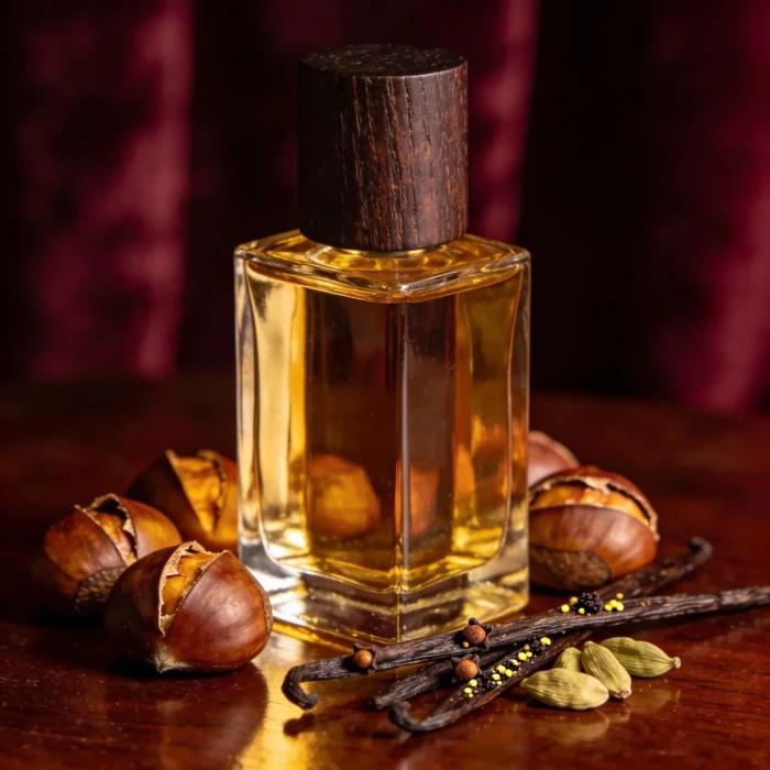 Cardamom Vanilla Chestnut perfume oil bottle with warm amber tones, roasted chestnut sweetness and spicy masculine evening atmosphere.