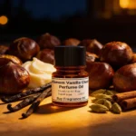 Cardamom Vanilla Chestnut perfume oil bottle with warm amber tones, roasted chestnut sweetness and spicy masculine evening atmosphere.