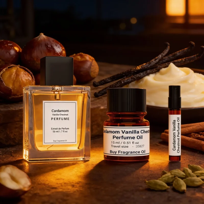 Cardamom Vanilla Chestnut perfume oil bottle with warm amber tones, roasted chestnut sweetness and spicy masculine evening atmosphere.