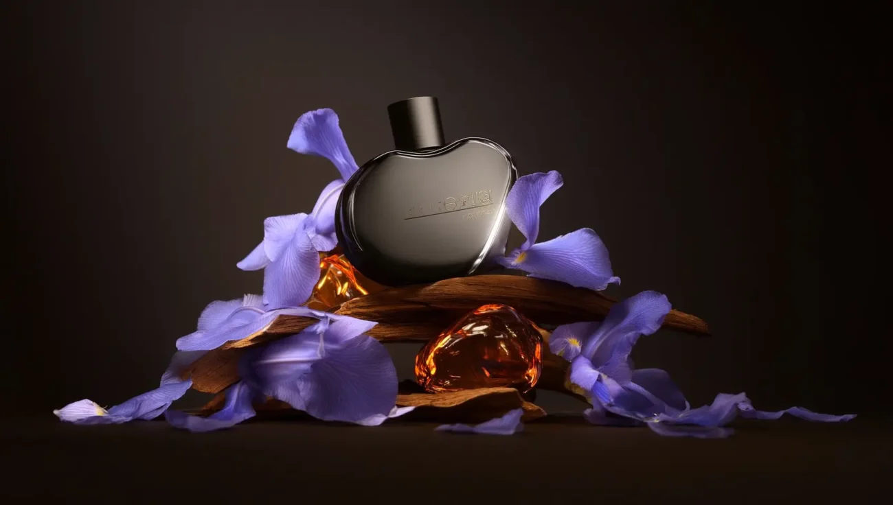 Iris Amber Cedar perfume oil bottle with iris flowers, amber tones and cedarwood elements in a dark elegant setting.