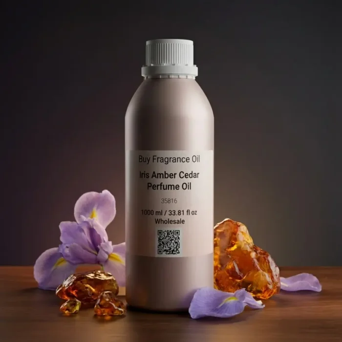 Iris Amber Cedar perfume oil bottle with iris flowers, amber tones and cedarwood elements in a dark elegant setting.