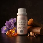 Iris Amber Cedar perfume oil bottle with iris flowers, amber tones and cedarwood elements in a dark elegant setting.