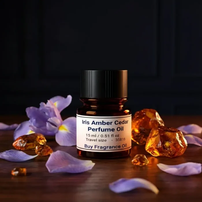 Iris Amber Cedar perfume oil bottle with iris flowers, amber tones and cedarwood elements in a dark elegant setting.