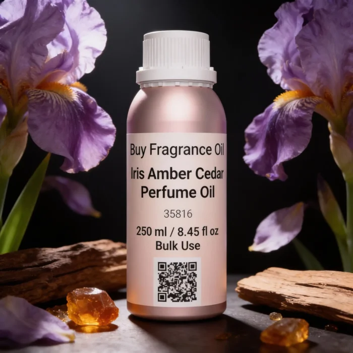 Iris Amber Cedar perfume oil bottle with iris flowers, amber tones and cedarwood elements in a dark elegant setting.