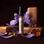Iris Amber Cedar perfume oil bottle with iris flowers, amber tones and cedarwood elements in a dark elegant setting.