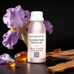 Iris Amber Cedar perfume oil bottle with iris flowers, amber tones and cedarwood elements in a dark elegant setting.