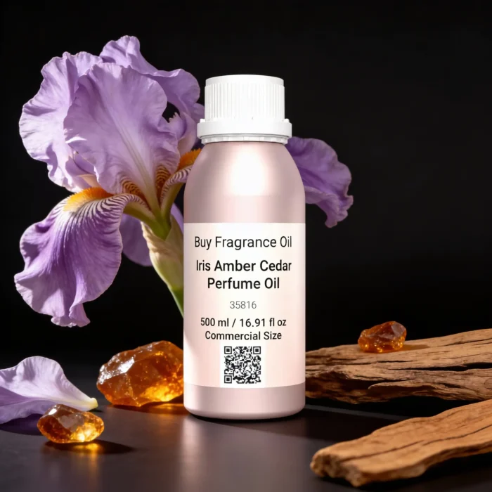 Iris Amber Cedar perfume oil bottle with iris flowers, amber tones and cedarwood elements in a dark elegant setting.