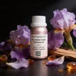 Iris Amber Cedar perfume oil bottle with iris flowers, amber tones and cedarwood elements in a dark elegant setting.