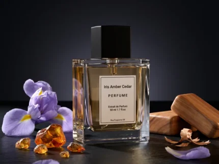 Iris Amber Cedar perfume oil bottle with iris flowers, amber tones and cedarwood elements in a dark elegant setting.