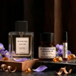 Iris Amber Cedar perfume oil bottle with iris flowers, amber tones and cedarwood elements in a dark elegant setting.