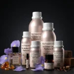 Iris Amber Cedar perfume oil bottle with iris flowers, amber tones and cedarwood elements in a dark elegant setting.