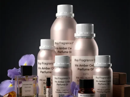 Iris Amber Cedar perfume oil bottle with iris flowers, amber tones and cedarwood elements in a dark elegant setting.