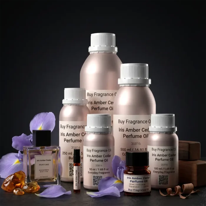 Iris Amber Cedar perfume oil bottle with iris flowers, amber tones and cedarwood elements in a dark elegant setting.