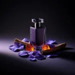 Iris Amber Cedar perfume oil bottle with iris flowers, amber tones and cedarwood elements in a dark elegant setting.