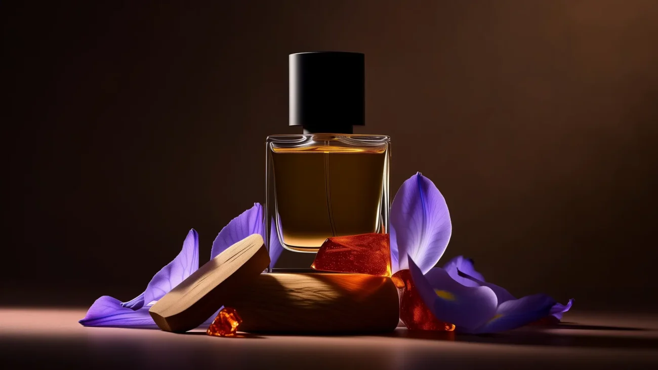 Iris Amber Cedar perfume oil bottle with iris flowers, amber tones and cedarwood elements in a dark elegant setting.