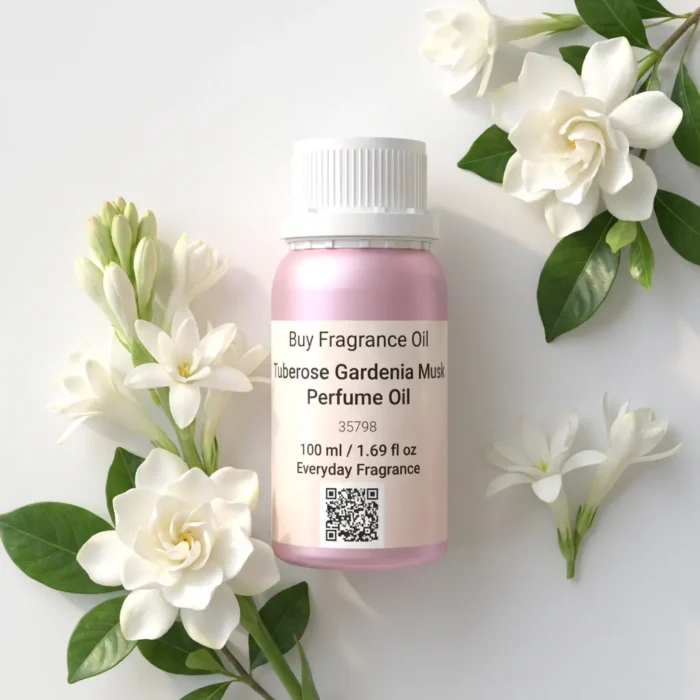 Tuberose Gardenia Musk perfume oil bottle surrounded by white tuberose and gardenia flowers in soft daylight elegance.