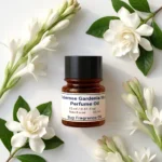 Tuberose Gardenia Musk perfume oil bottle surrounded by white tuberose and gardenia flowers in soft daylight elegance.