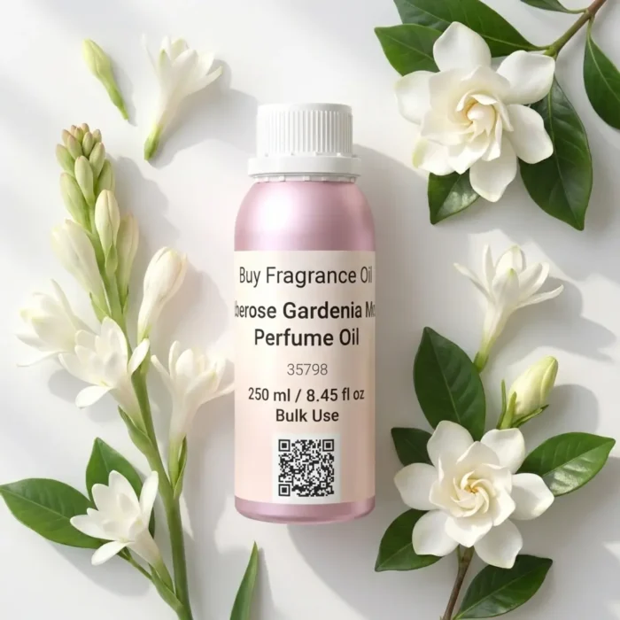 Tuberose Gardenia Musk perfume oil bottle surrounded by white tuberose and gardenia flowers in soft daylight elegance.