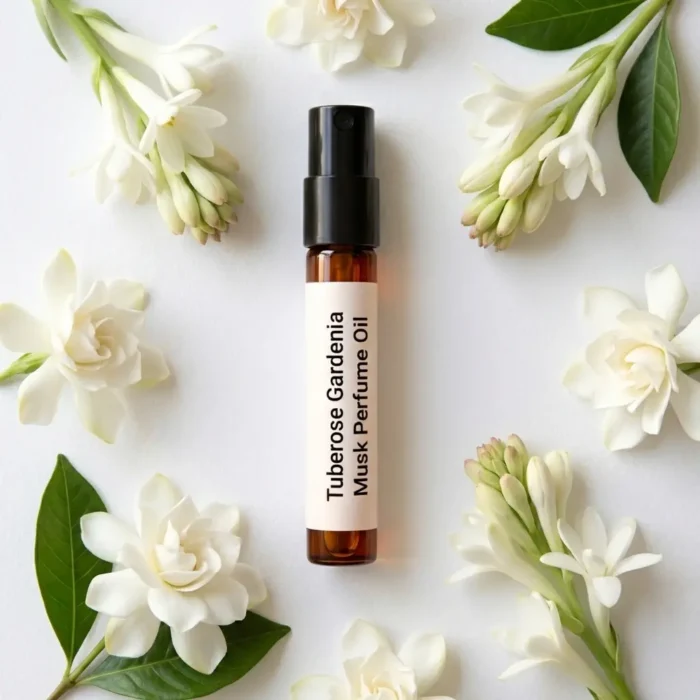 Tuberose Gardenia Musk perfume oil bottle surrounded by white tuberose and gardenia flowers in soft daylight elegance.