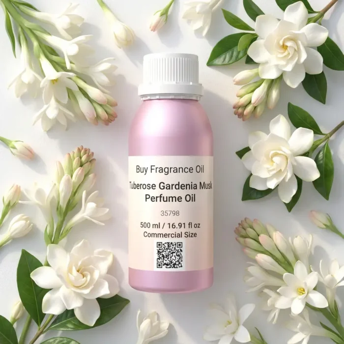 Tuberose Gardenia Musk perfume oil bottle surrounded by white tuberose and gardenia flowers in soft daylight elegance.